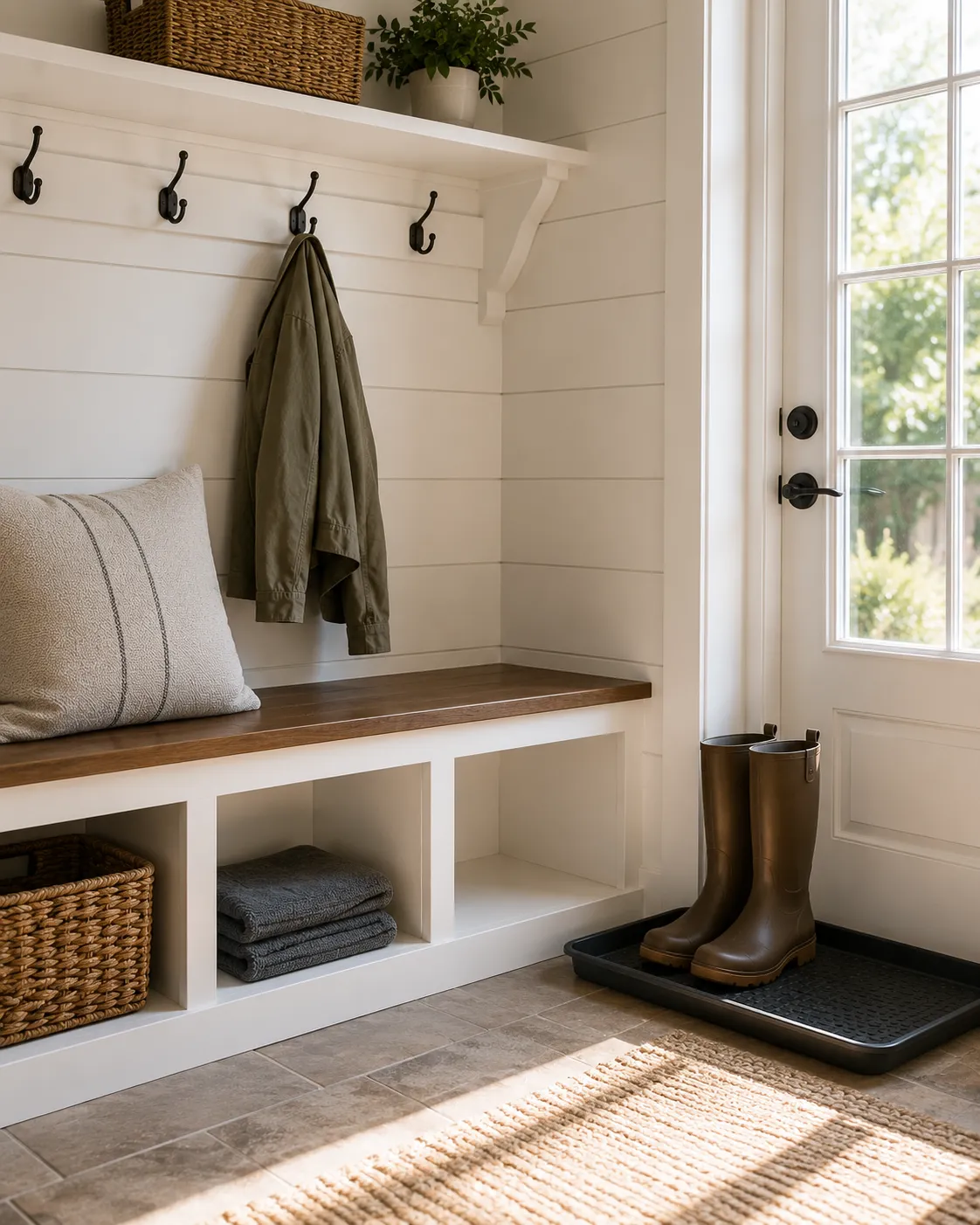 Dust-free farmhouse mudroom with boot tray in a Liberty Hill home