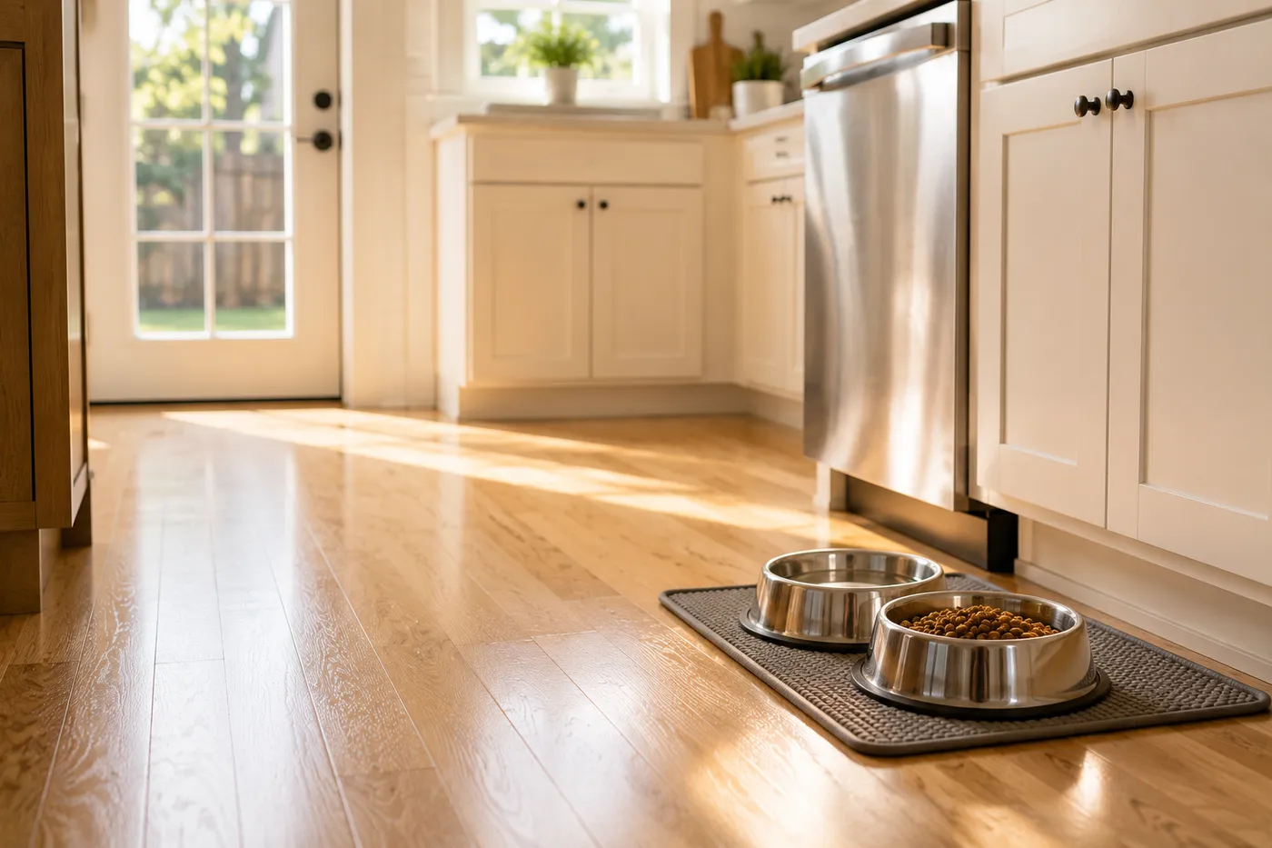 Gleaming clean kitchen floor with pet bowls in a dog-friendly Hutto home