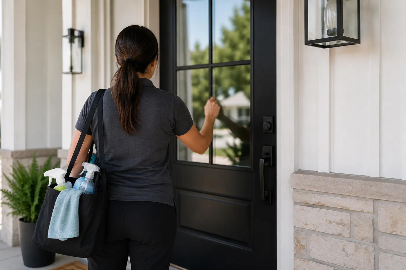 Cleaning professional arriving at the front door of a Round Rock home