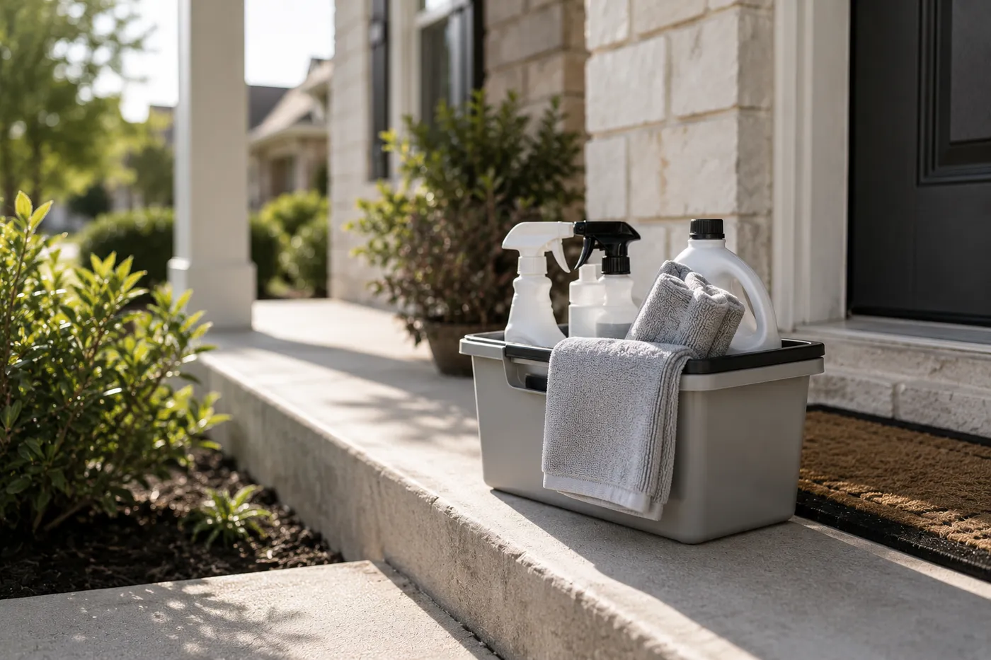 Cleaning supply caddy on the front porch step of a new Leander home