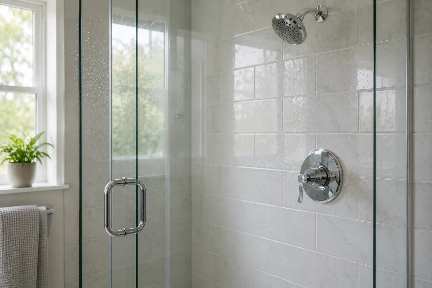 Spotless glass shower after a professional cleaning in a San Antonio home