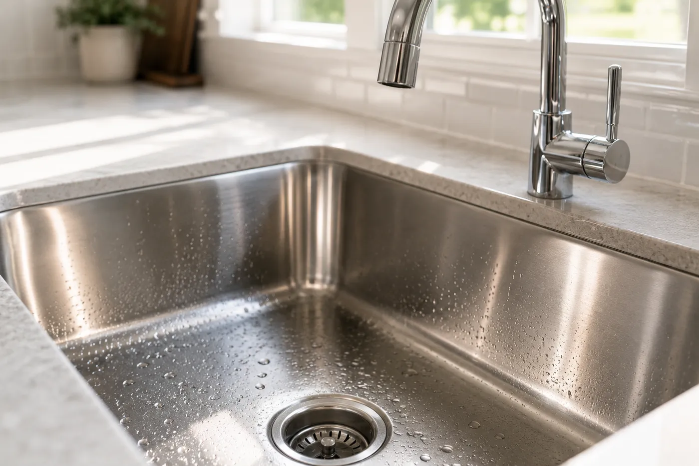 Spotless stainless steel kitchen sink after a professional house cleaning in Houston