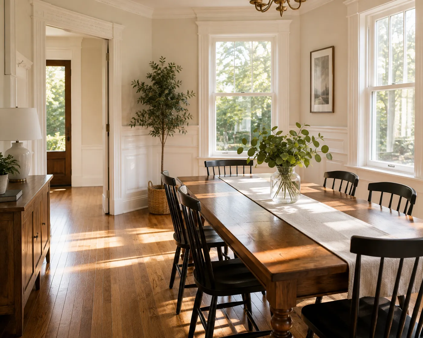 Sunlit dining room with gleaming original wood floors in a historic Taylor home