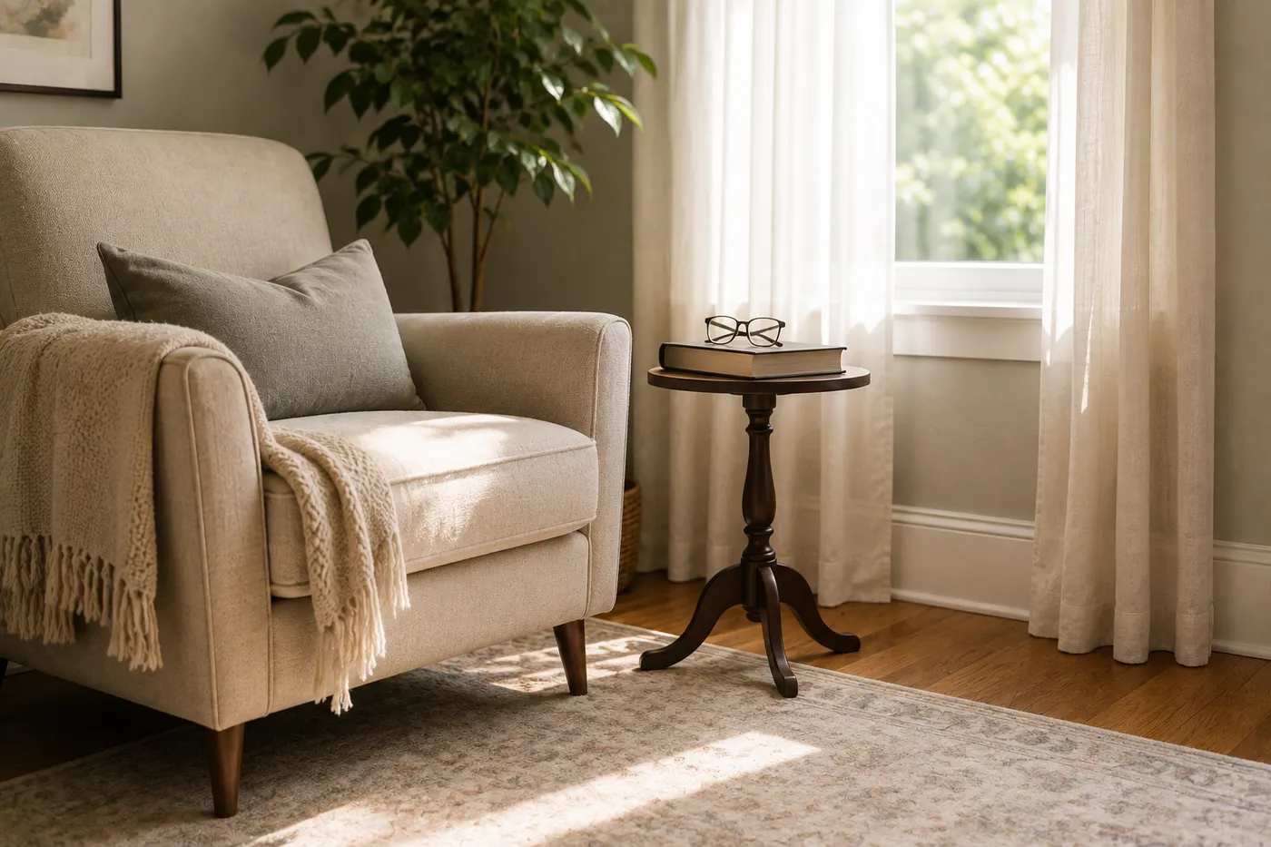 Cozy tidy sitting room corner after a recurring house cleaning in Georgetown
