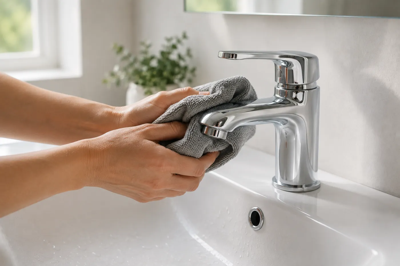 Hands polishing a chrome bathroom faucet during a house cleaning in Cedar Park